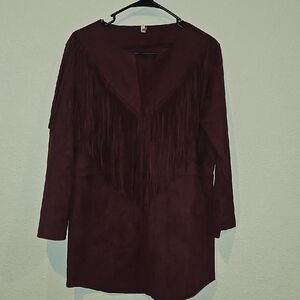 Raga Women's Fringe Pullover Burgundy Tunic Medium